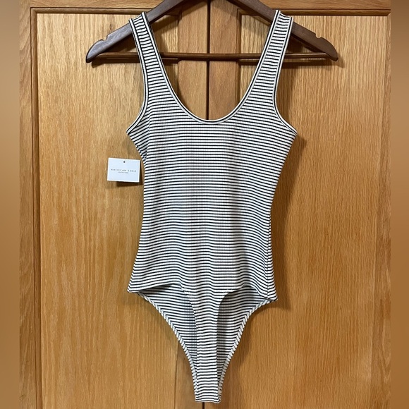 AE Scoop Neck Bodysuit Stripes Ribbed Washed Black/Cream XS - Picture 5 of 10